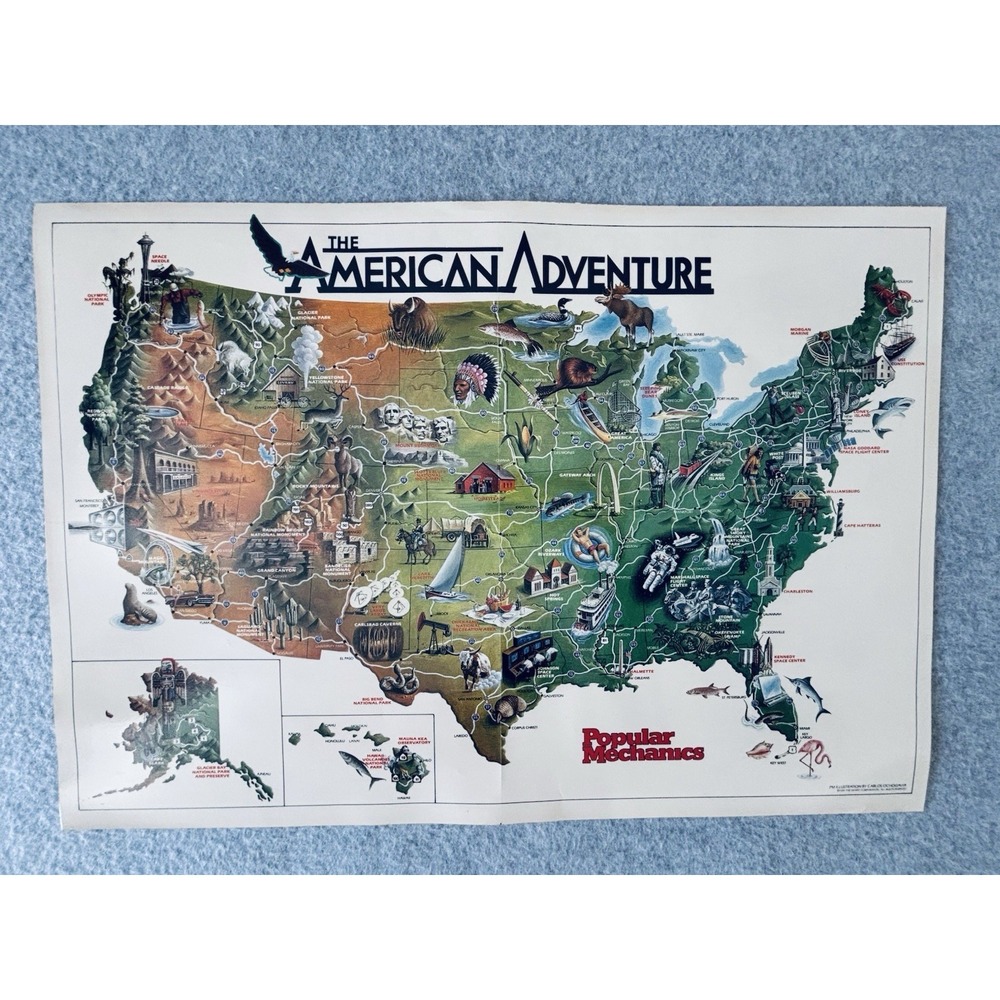 Vintage 1989 Popular Mechanics Roads Of America Map Poster American Adventure